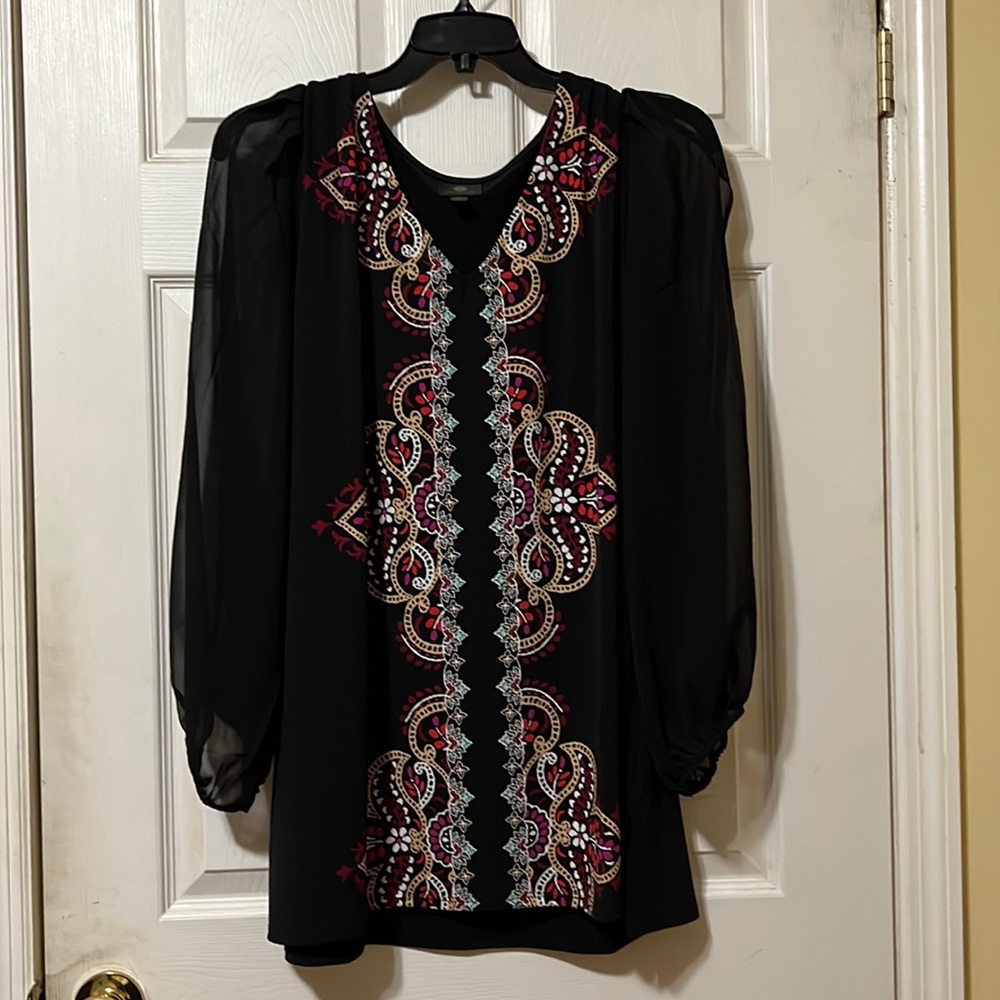 JM Collection Chiffon-Sleeve Printed-Front Top